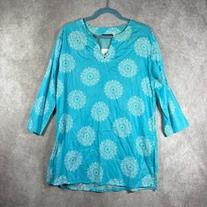 KikiSol Tunic Top Women Large Blue Medallion Print 3/4 Sleeves V-Neck Beach NEW